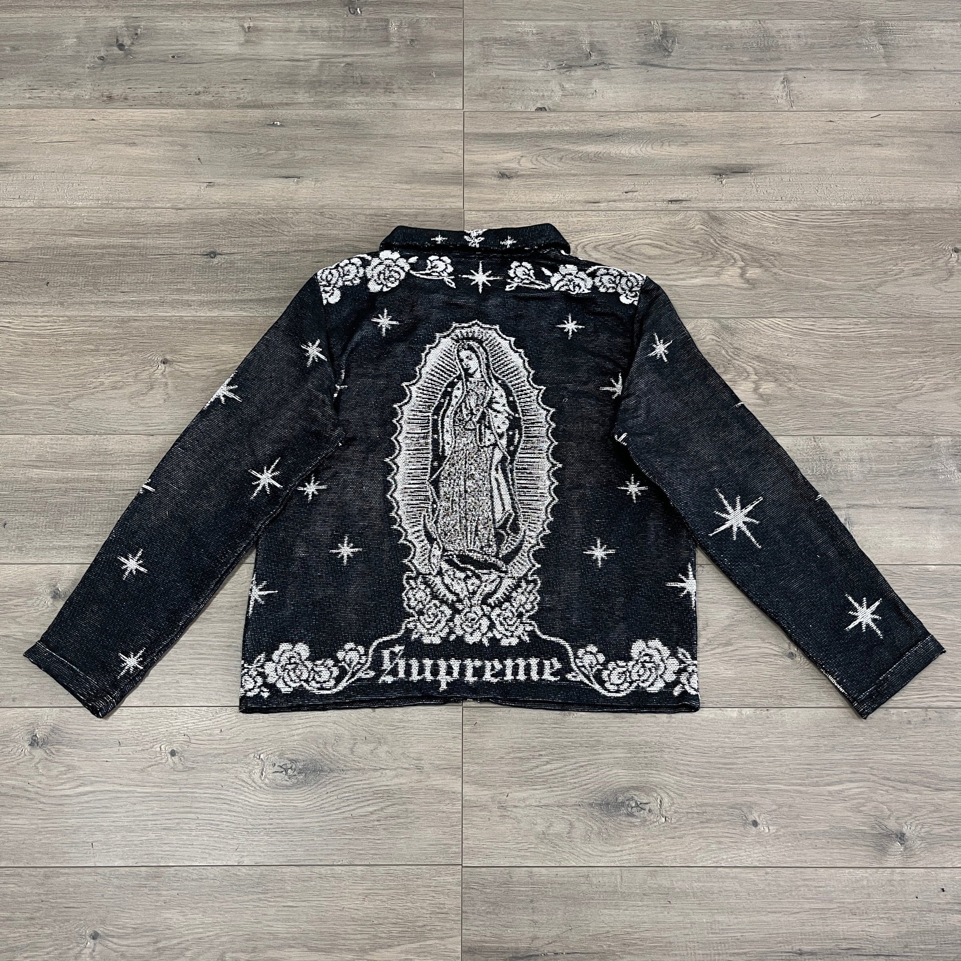 VIRGENCITA BLACK TAPESTRY JACKET - RDMCLOTHINGART