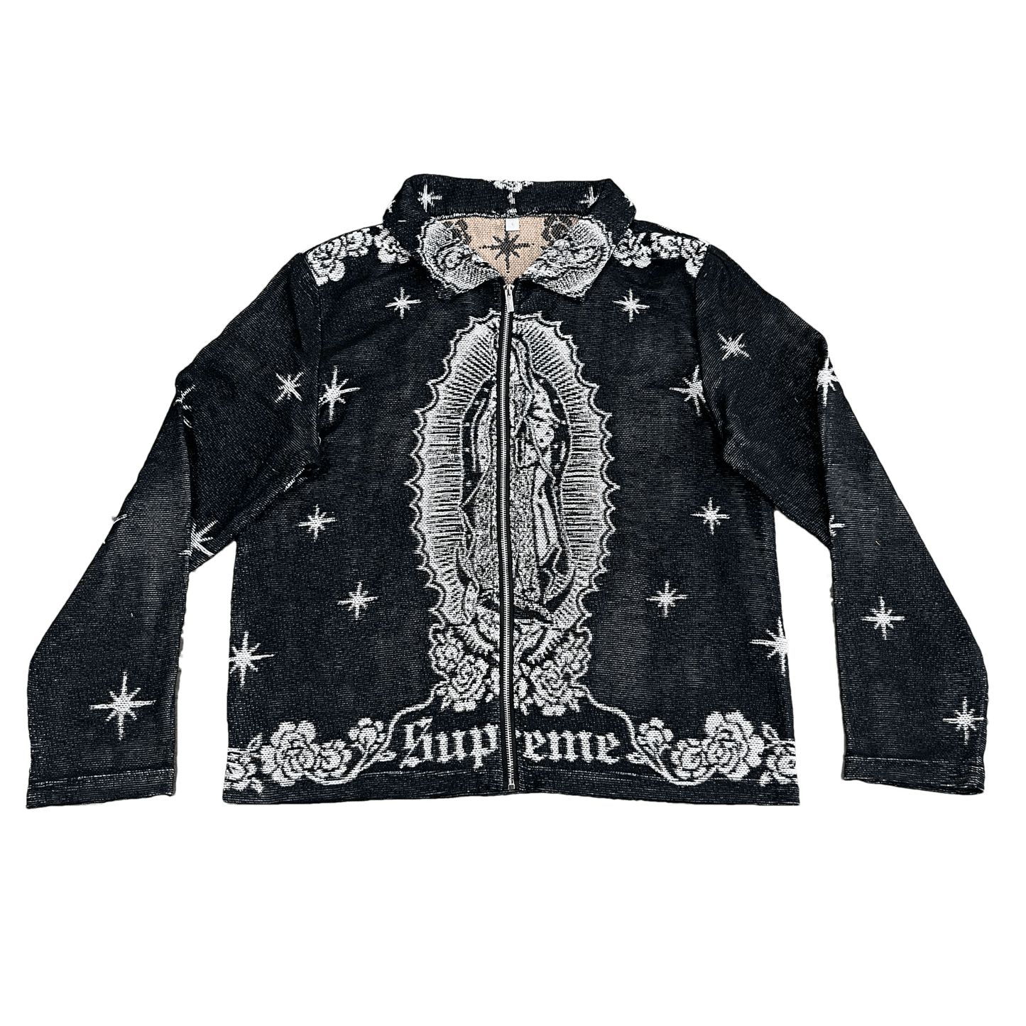 VIRGENCITA BLACK TAPESTRY JACKET - RDMCLOTHINGART